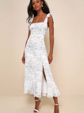 Lulu's White and Light Gray Floral Tie-Shoulder Midi Dress